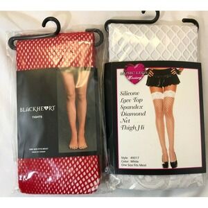 NIP Black Heart Red Fishnet Tights & Music Legs Lace Top Diamond Thigh Hi One Sz